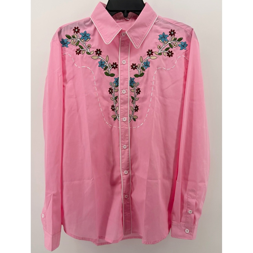 Women's Pink Western Show Shirt Floral Embroidered Long Sleeve Button Front - XL